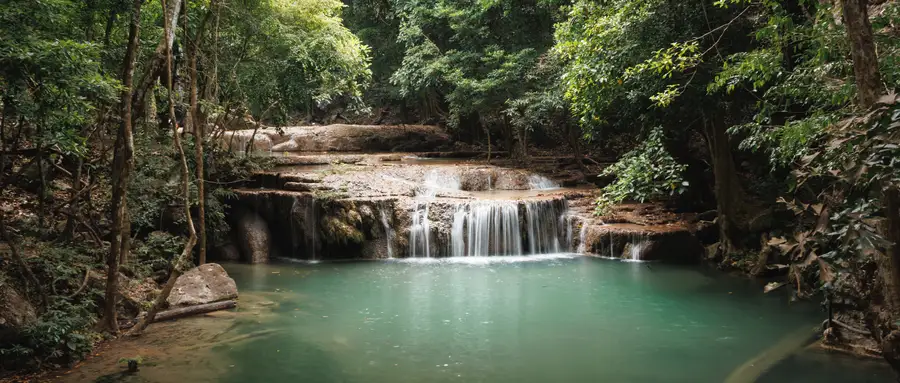 A wide limestone waterfall spilling into a green pool under jungle canopy