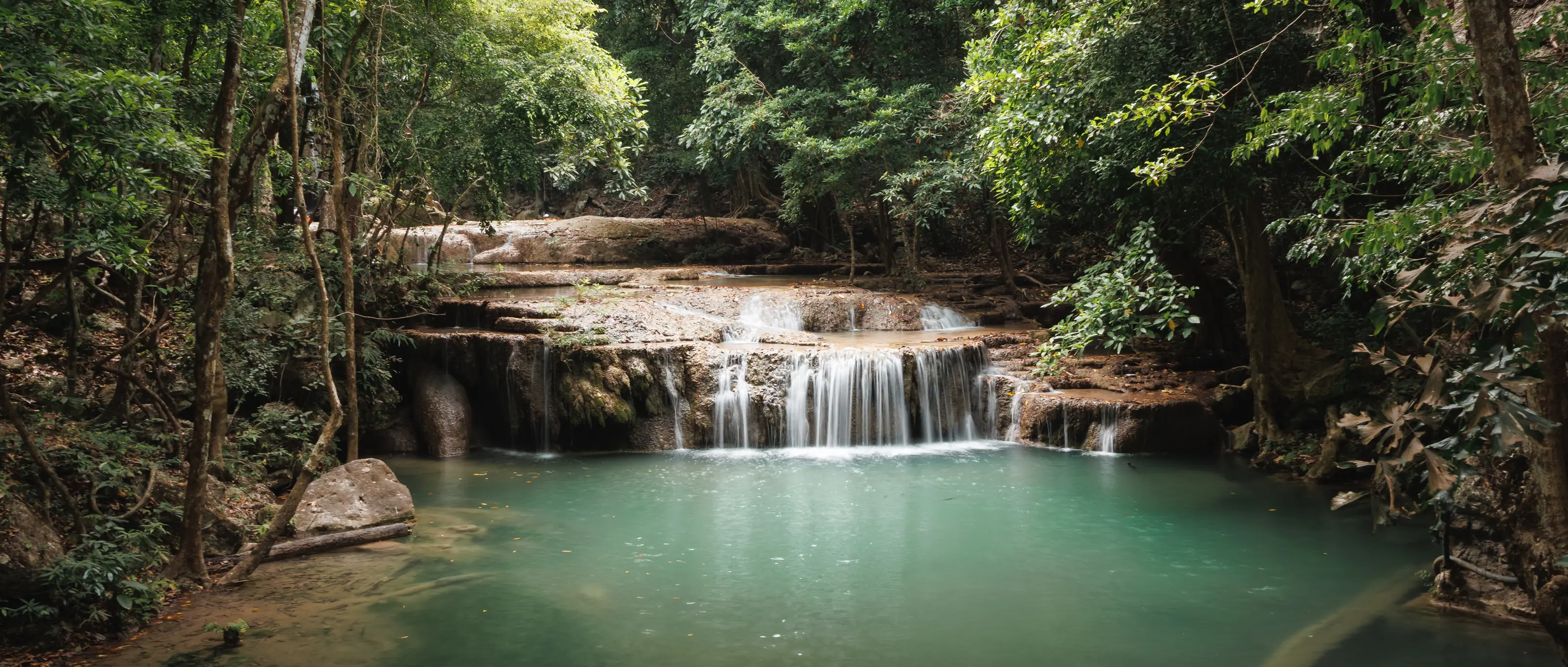A wide limestone waterfall spilling into a green pool under jungle canopy